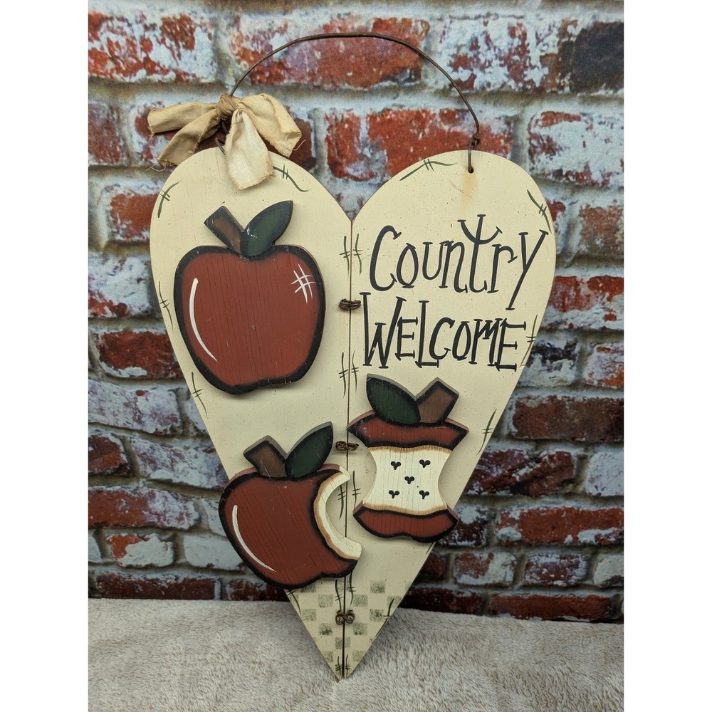 Vintage Handmade Wood Heart Country Welcome Sign Hand Painted Apple Wall Decor